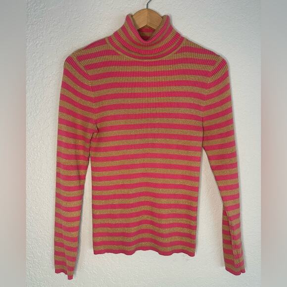 Moda International Pink Gold Glitter Stripe Turtleneck Sweater Holiday Sparkle - Picture 1 of 7